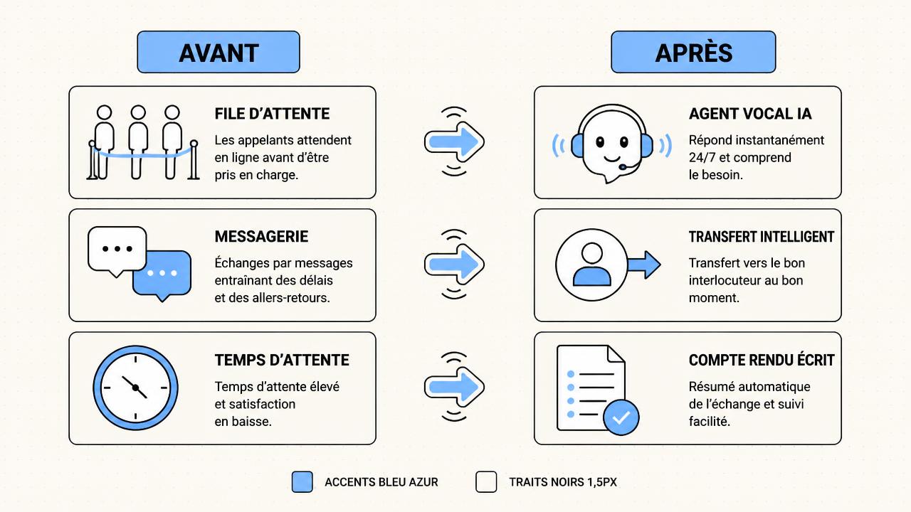 Comparatif avant et après l'installation d'un agent vocal IA sur l'accueil téléphonique d'une entreprise
