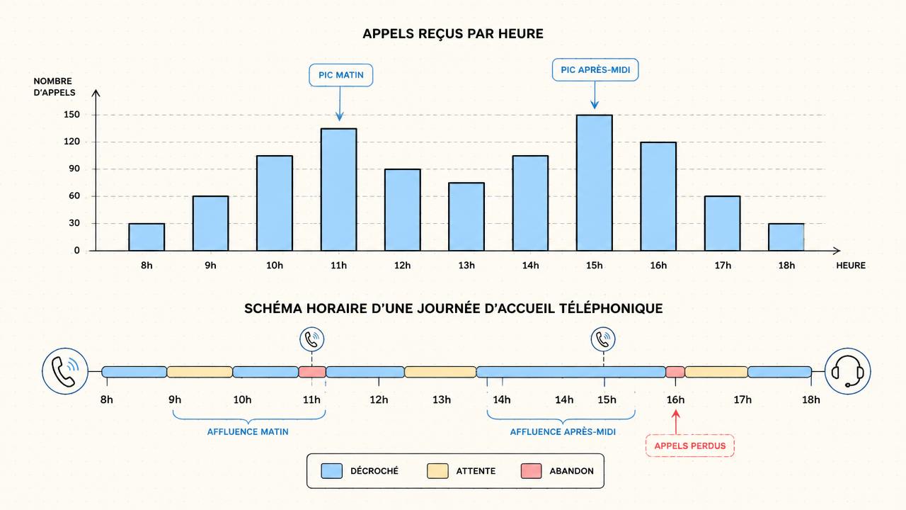 Graphique des appels reçus par heure et frise horaire d'une journée d'accueil téléphonique avec zone d'appels perdus