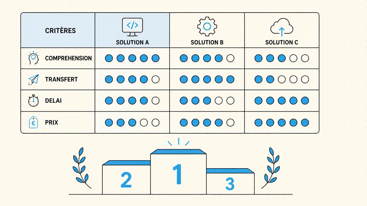 Grille de notation des solutions de standard téléphonique virtuel sur quatre critères et podium à trois marches
