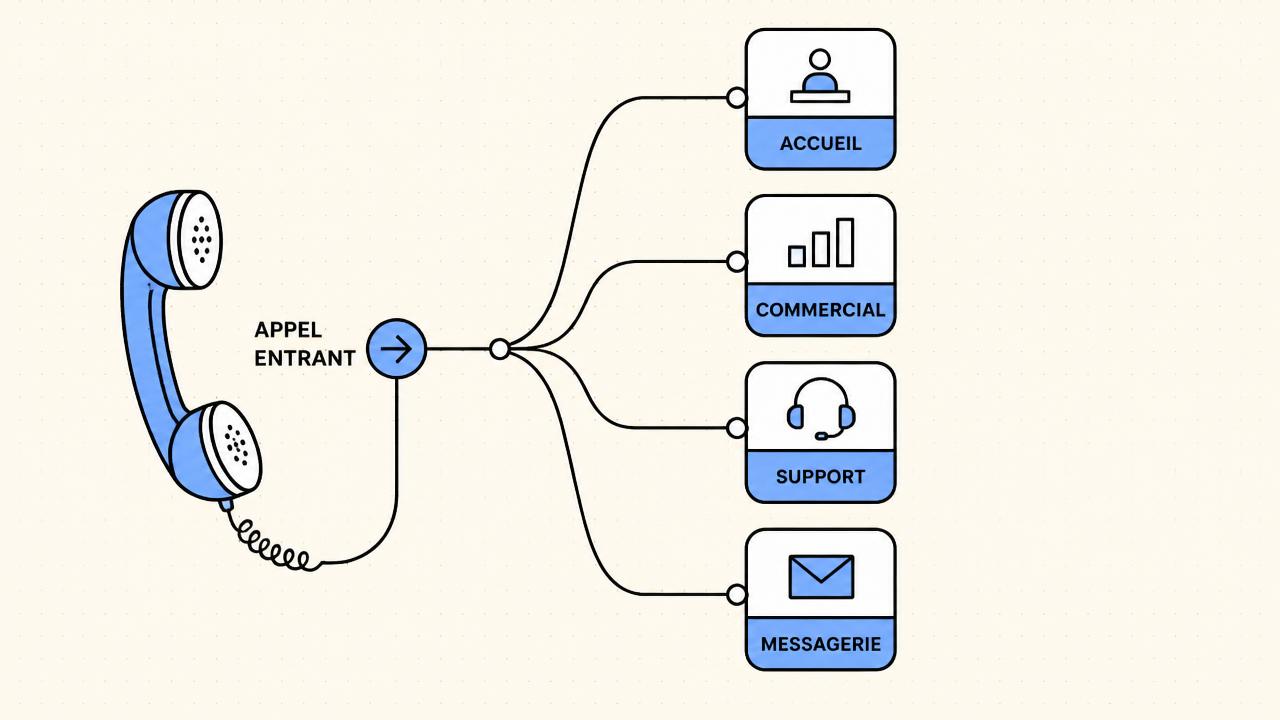 Schéma du parcours d'un appel entrant vers les services accueil, commercial, support et messagerie d'une PME